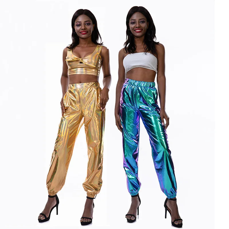 Shiny Glittery Street Hip-hop Party Sparkly Long Pants Loose Casual Sports Trousers Green Gold Silver Black Optional for Women