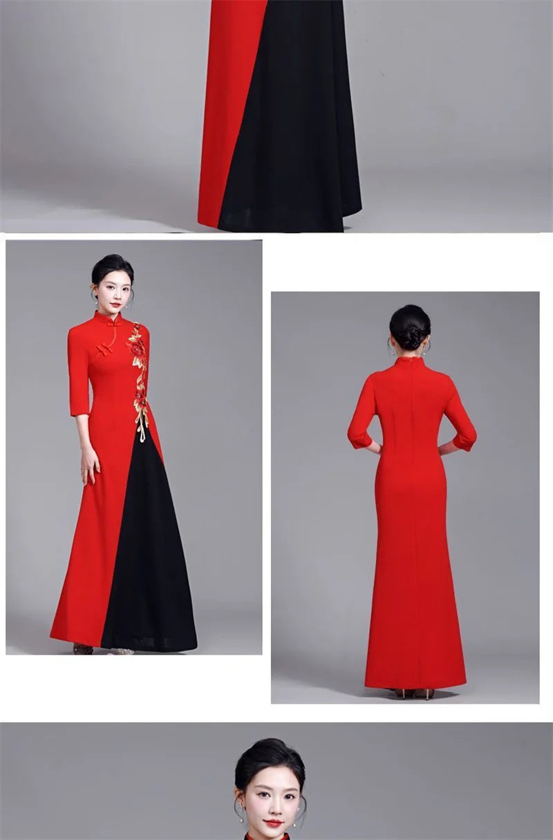 2025 Summer Women New Middle aged Elderly Dress Improved High end Non Ironing Show Elegant Slim And Long Embroide Red Dress 6XL