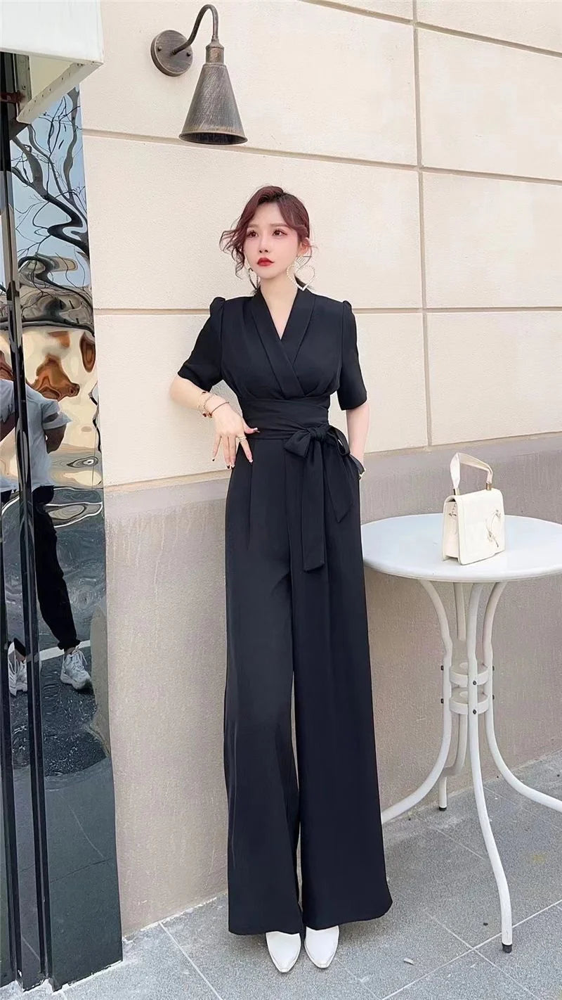 Jumpsuits Summer New High end Jumpsuit Women's Elegant Solid Color High Waist Slim Lace up Wide Leg Dropping Bodysuit Women Sets