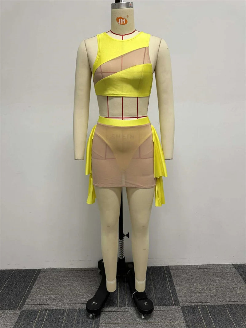 Sexy Mesh See-through Patchwork 2 Piece Sets Women Outfit Festival Clothing Tank Crop Top and Mini Skirt Set Night Club Outfits