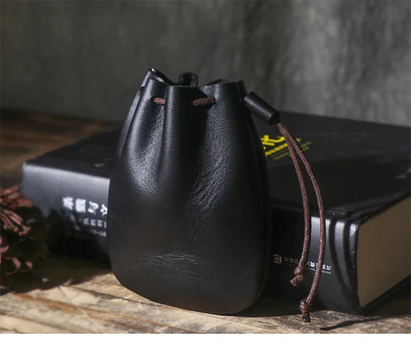LUOKIR Men's Genuine Leather Coin Purse Simple Vintage Small Card Bag Women's Cowhide Wallet Keys Money Drawstring Storage Bags