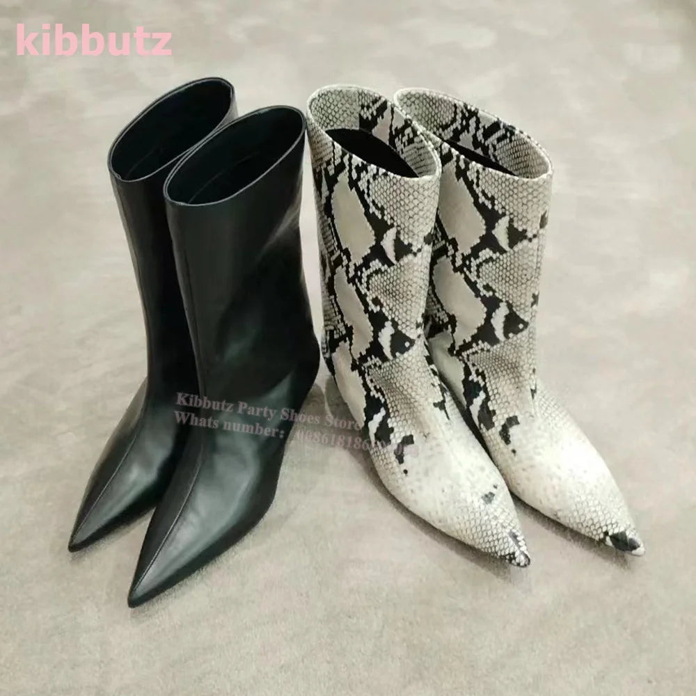 Novelty Leather Mid Calf Boots Chelsea Pointed Toe Kitten Heel Wide Mouth Sleeve Slip-On Solid Color Fashion Sexy Elegant Women