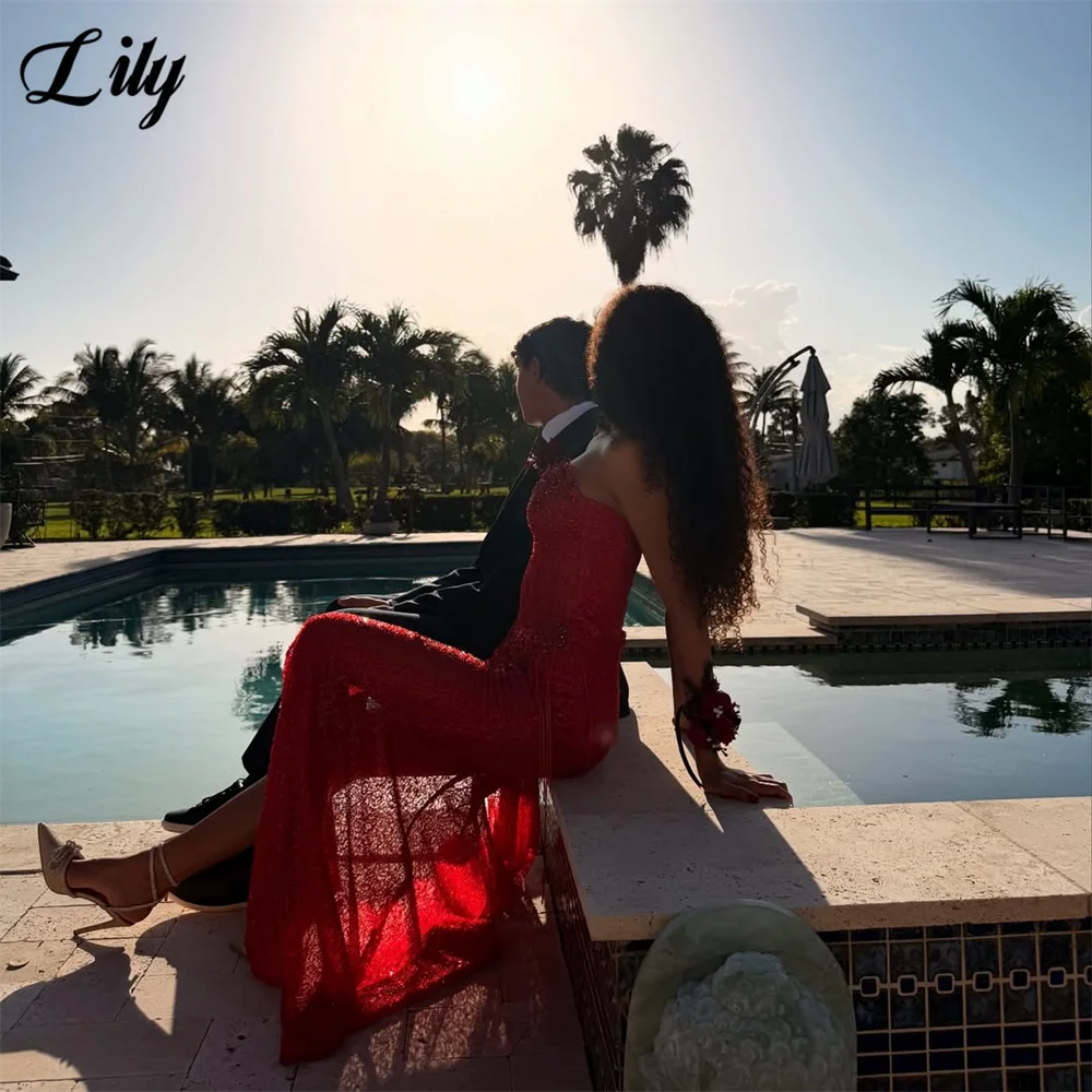 Lily Red Formal Dress Shiny Sequined Deep V-Neck Evening Gown Bead-Embellished Fringe and Side Split Prom Dresses Customized