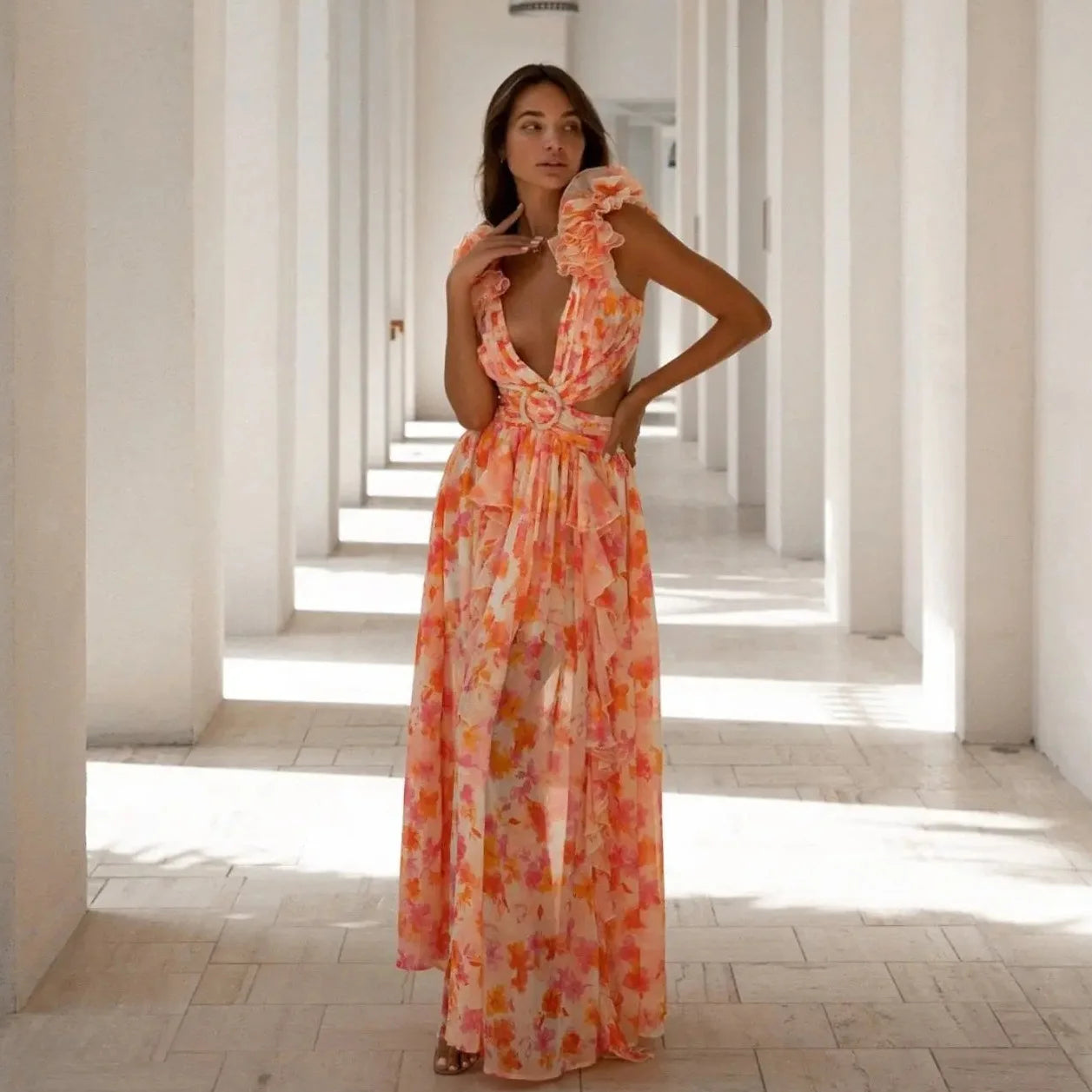 Summer Spring Women's Clothing Dress Hollow Out Slim Deep V Ruffle Edge Floral Backless Dress Loose Maxi