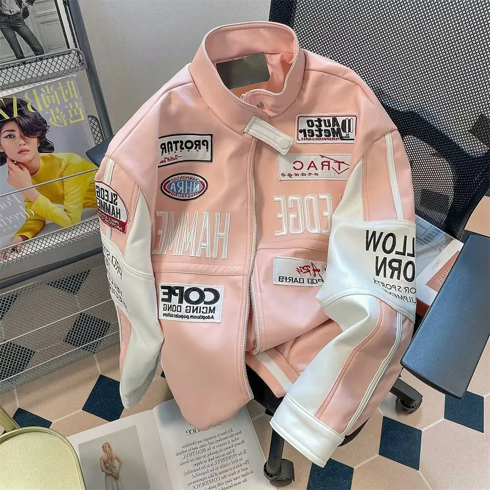 Retro Embroidered Faux Leather Baseball Jacket for Women