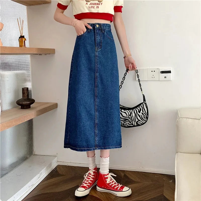 New 2022 Spring-Autumn Medium-Length Denim Skirt For Women High-Waisted Slimming Plus Size Curvy Girls A- Line Hip Covering Skir