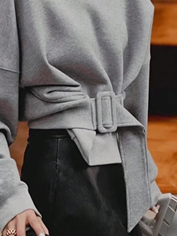 Beautyblue Fall Women's Sweatshirts Tops Female Hoodies 2025 Casual Belt Buckle Solid Color O-Neck Ladies Pullovers Clothing