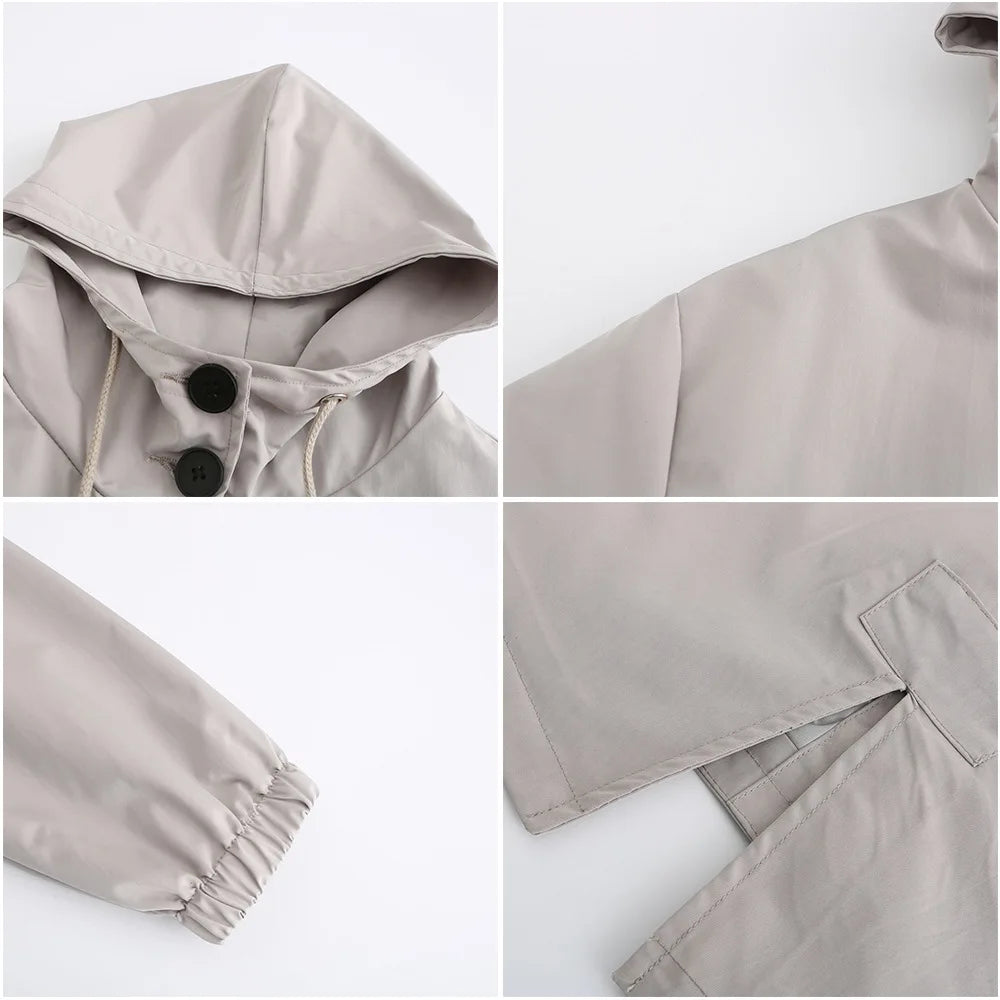 Spring Autumn Women's Trench Coat Water-Repellent Hooded Windbreaker Outdoor Loose Casual Zipper Long Jacket