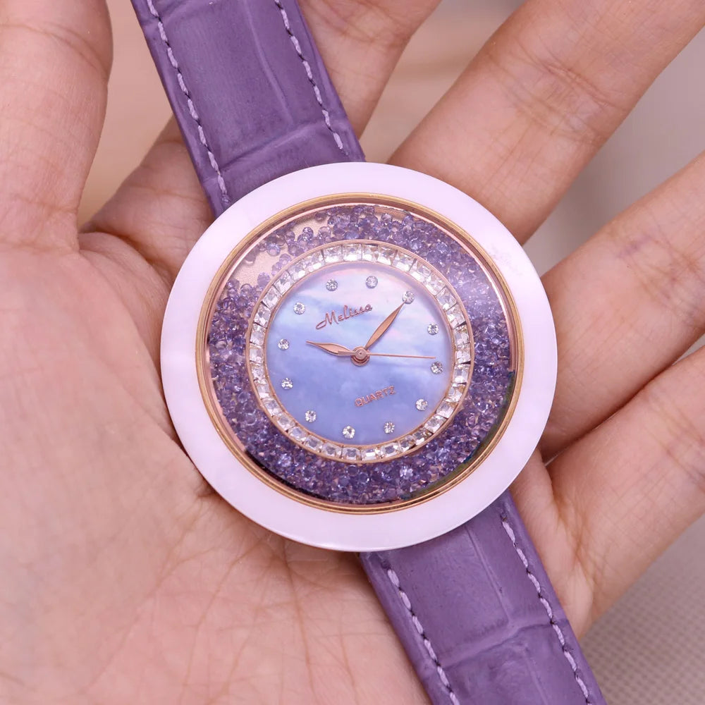 Luxury Unicorn Melissa Women's Watch Rhinestone Crystal Fashion Hour Real Leather Bracelet Clock Girl's Birthday Gift Box