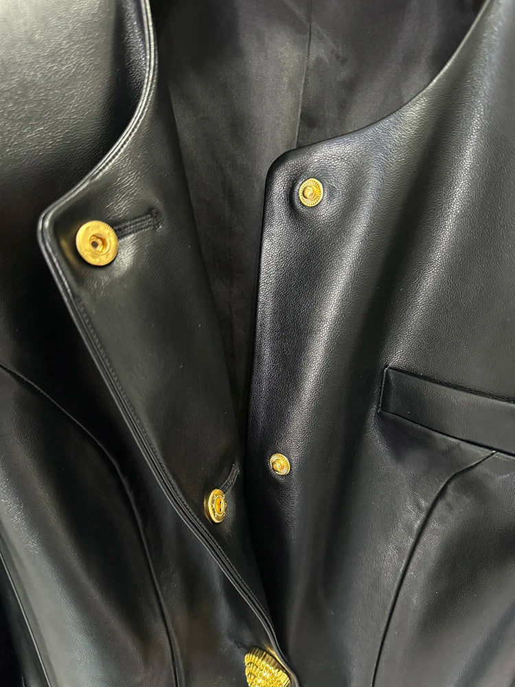 HIGH STREET Newest 2025 Designer Jacket Women's Slim Fitting Snail Button Artificial Leather Blazer
