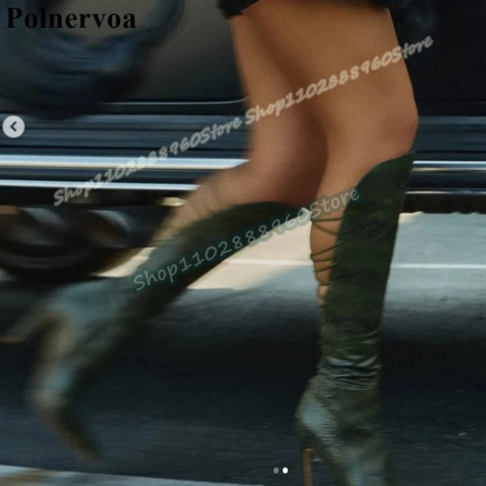 Knee High Dark Green Beveled Cross Tied Pointy Boots Thin High Heel Women Shoes Side Zipper Pointed Toe Casual Party Sexy Boots
