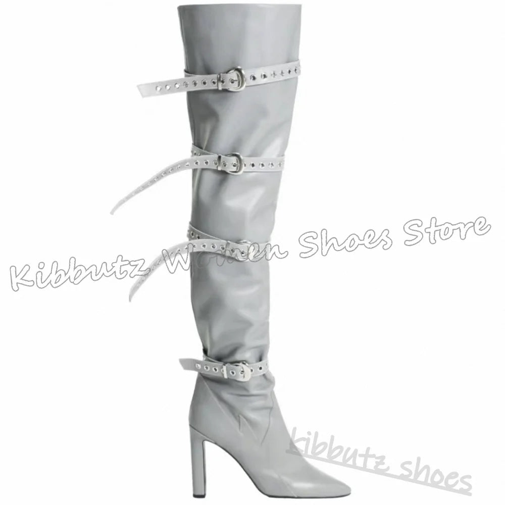 Above The Knee Boots Belt Buckle Pointed Toe Chunky Heels Solid Color Leather Fashion Luxury Elegant Concise Spicy Girls Shoes