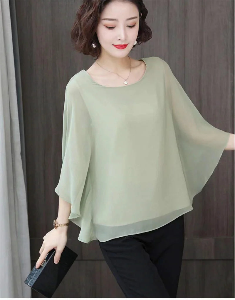 4XL Bat Shirt Summer Women's Loose T-shirt Small Shirt 2025 Spring/Summer Large Wrinkle Resistant And Elegant chiffon Top Green