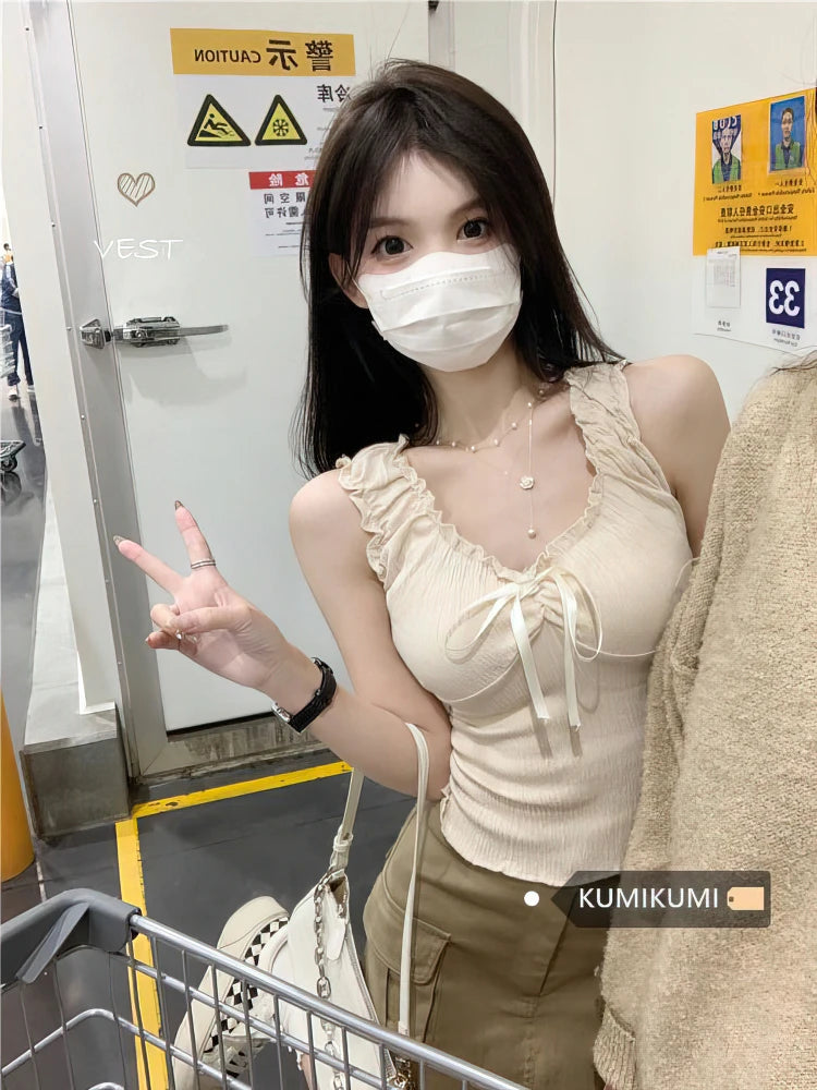 Beige Cute Front Bow Ties Flowy Tank Top Women Sweet Sleeveless Linen Crop Undershirt Ruffles Basic Tops Korean Sexy Tees