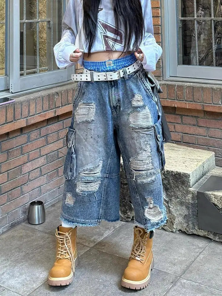 2025 American Vintage Old Baggy Slim Machete Denim Shorts Female Y2K Harajuku Hot Girl Washed Hole Denim Cropped Pants Tide