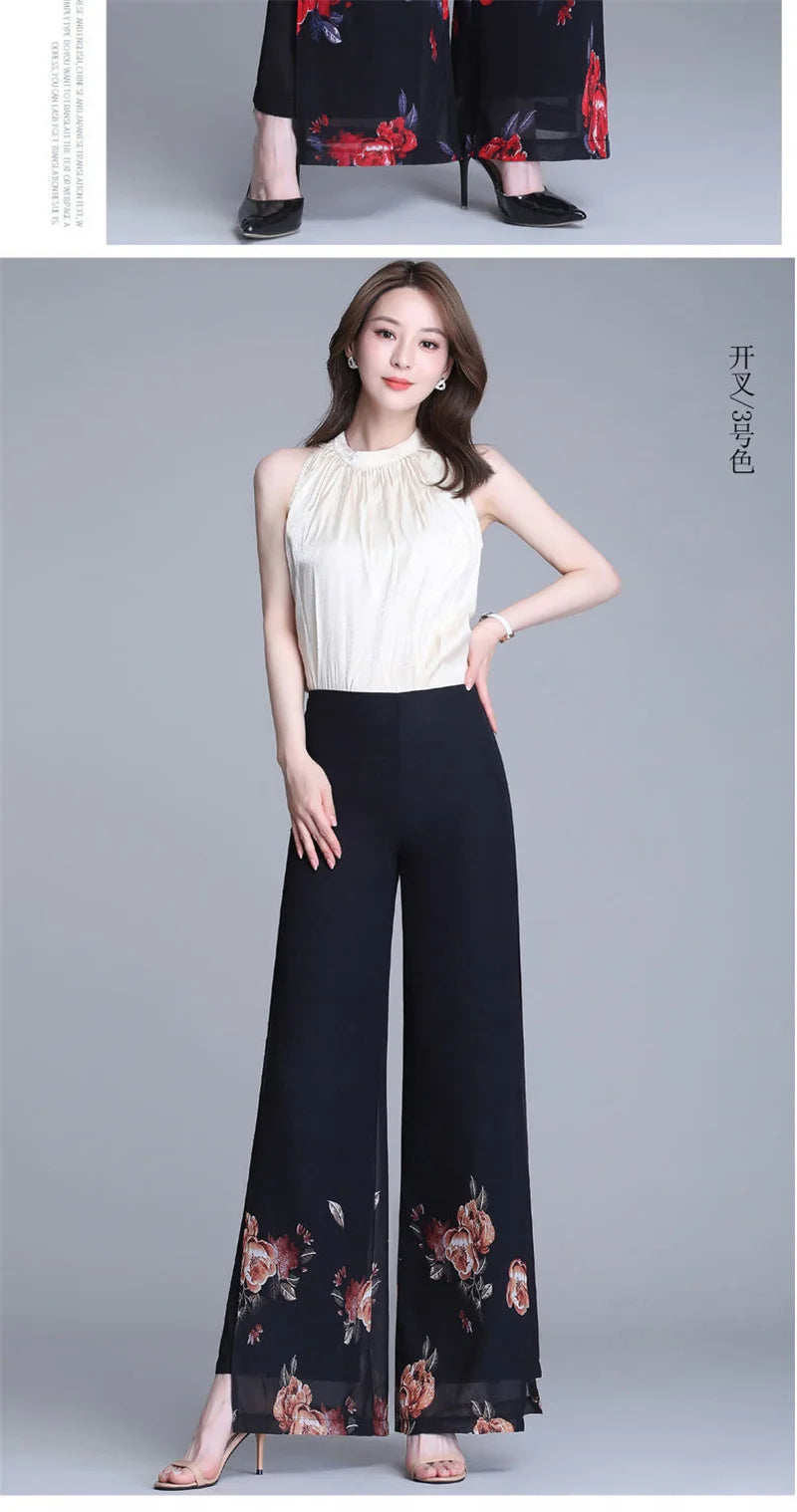 Double Layer Printed Chiffon Wide Leg Pants For Women's Summer New High Waisted Loose Dance Swing Pants Drooping Skirt Pants LA