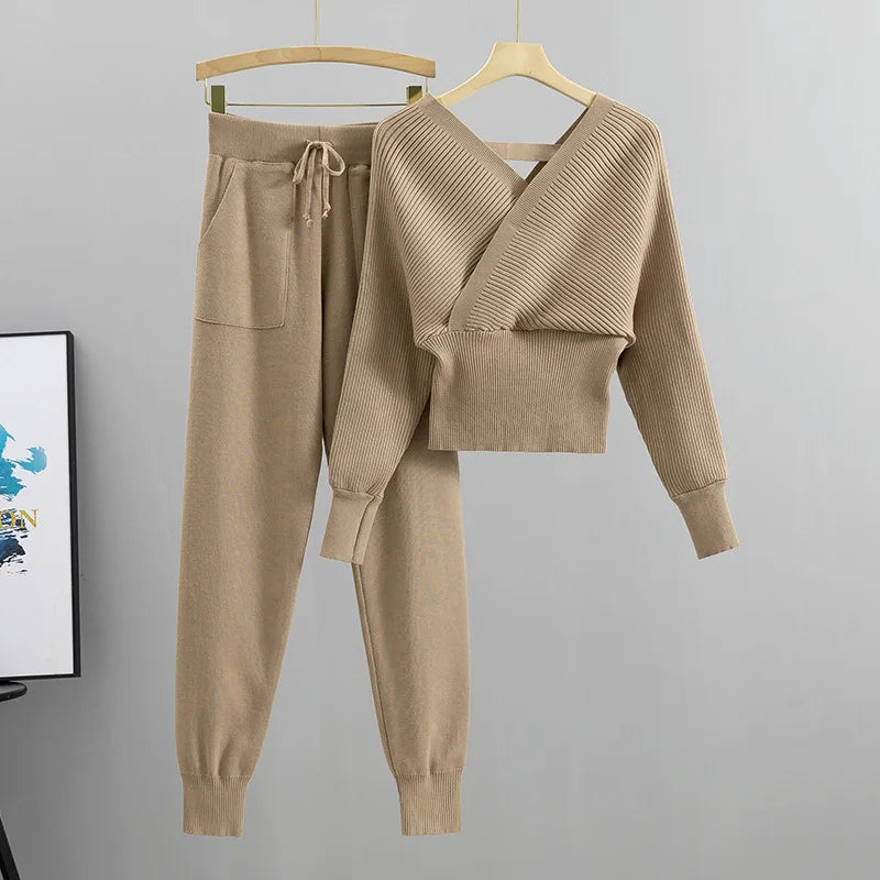 2 Piece Sets Women Knitting Outfits V Neck Pullover Sweater Pockets Drawstring Pencil Pants Slim Fit Suit Casual Knit Ensemble