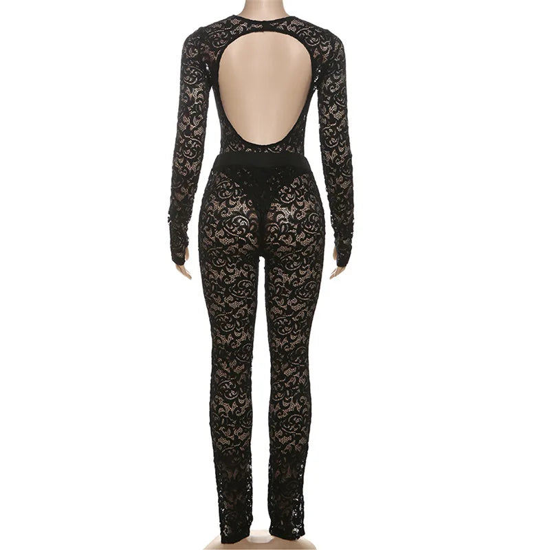 Lace See Through 2 Piece Set Women 2024 Autumn Sexy Hollow Jacquard Backless Bodysuit Leggings Party Clubwear Skinny Outfits