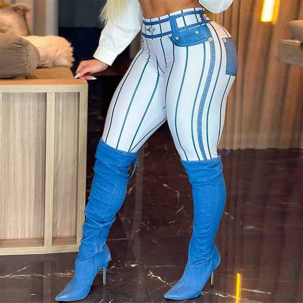 FCCEXIO Fashion Denim Stripe Print Women Sports Leggings High Waist Running Sexy Tight Fitness Workout Yoga Gym Push Up Cowboy P