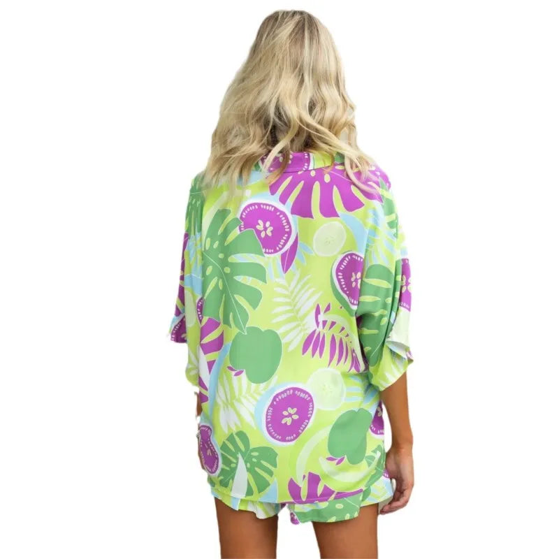 Summer Women Retro Print Short Sleeve 2PCS Loose Suits Casual V-Neck Shirt Top Elastic Waist Short Pants Sets Beachwear