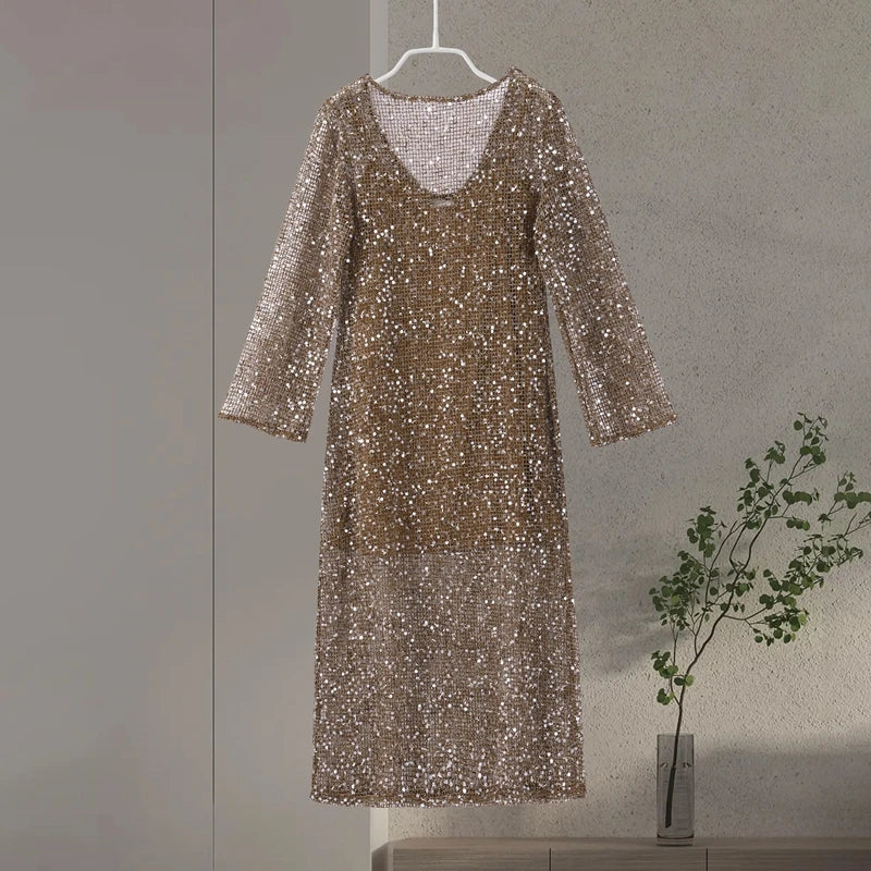 Sequin Maixi Dress Woman Deep V-neck Sparkling Lace Up Trumpet Sleeves Slim Long Dresses Sexy Perspective Party Women's Robe