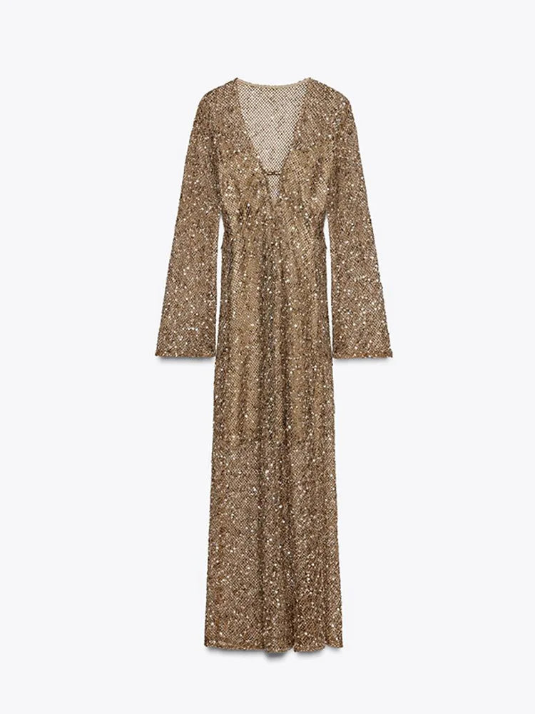 Sequin Maixi Dress Woman Deep V-neck Sparkling Lace Up Trumpet Sleeves Slim Long Dresses Sexy Perspective Party Women's Robe
