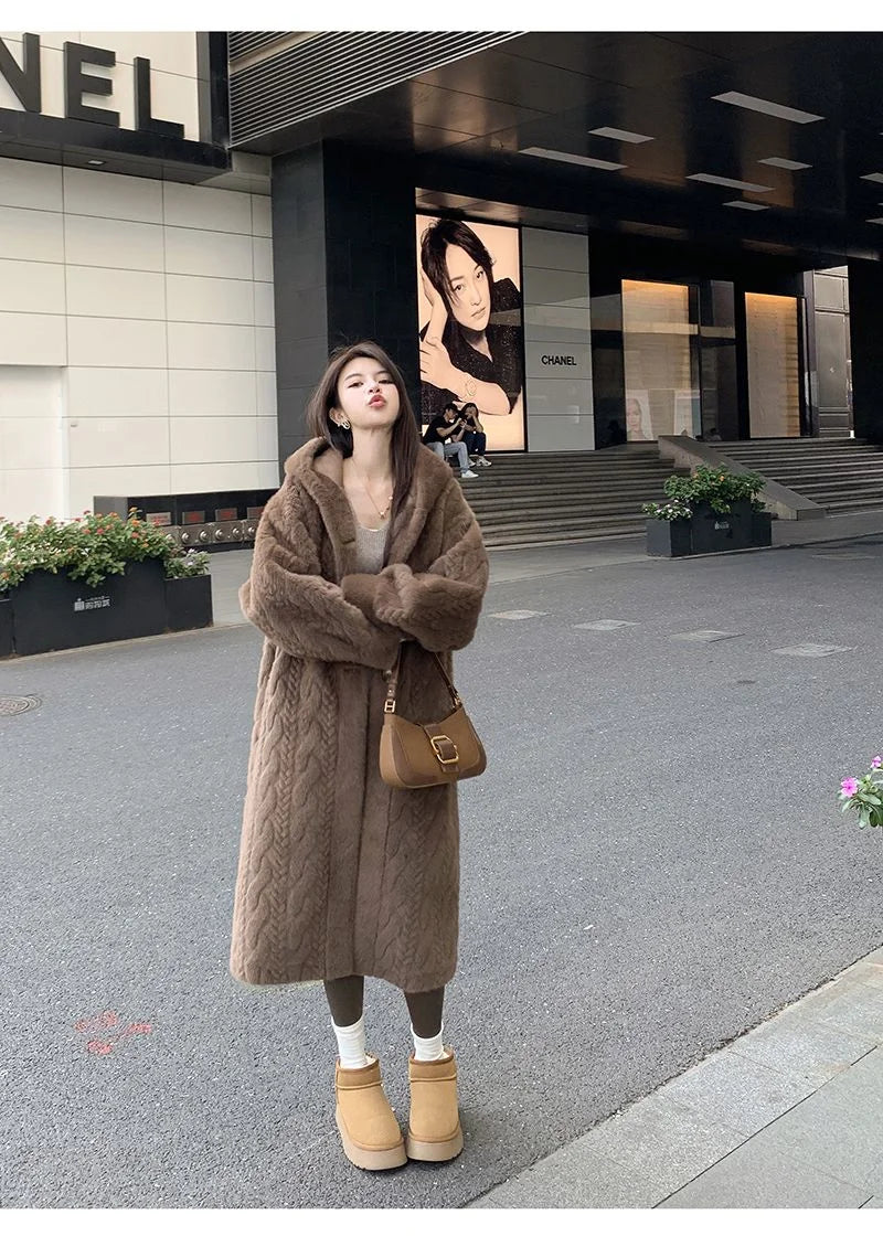  2025 Winter New Thick Women's Long Imitation Mink Plush Cardigan With Integrated Fur Eco-Friendly Hooded Fur Coat Solid Color