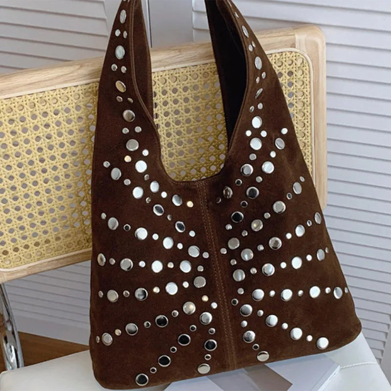 Polka Dot Rivet Tote Bag Women's Fashion Trend Texture Shoulder Bag High-end Luxury Suede Bucket Bag Commuter Female Handbag