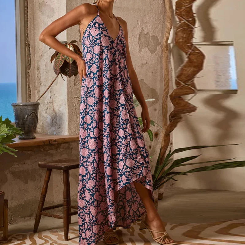 Fashion Hollow Out Backless Party Dress Bohemian Sleeveless Suspender Sexy Dress Vintage Floral Print Halter Women's Long Dress