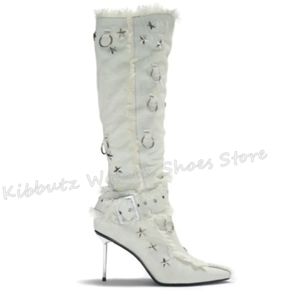 Fringe Belt Buckle Boots Knee High Stars Pointed Toe Thin Heels Solid Color Fashion Concise Novelty Sexy Party Women Shoes New