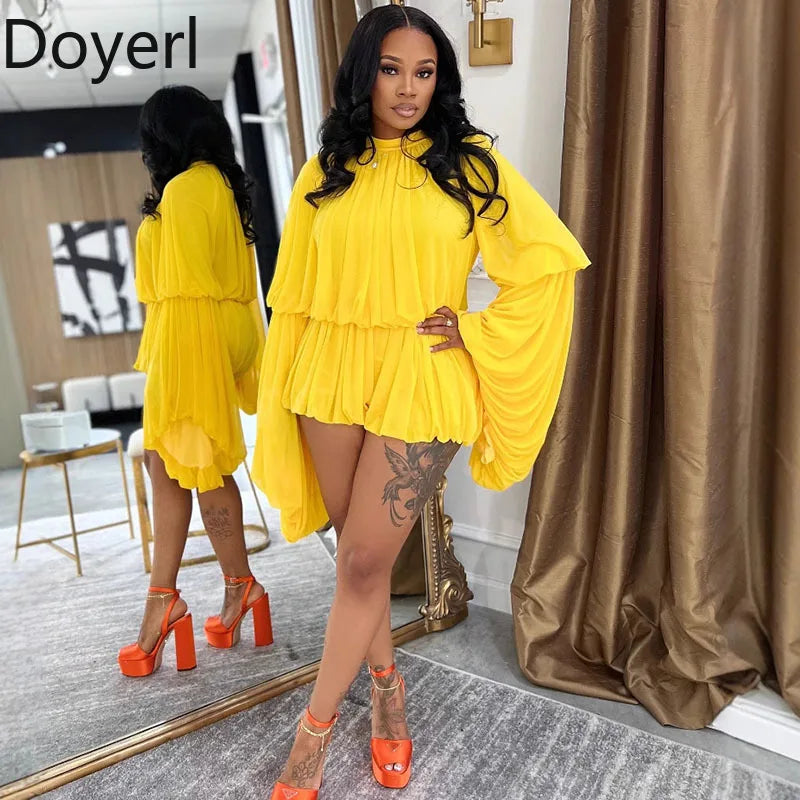 Doyerl Pleated Ruffles 2 Piece Set Woman Y2K Rave Clothing Festival Long Flare Sleeve Top and Short New in Matching Sets Outfits