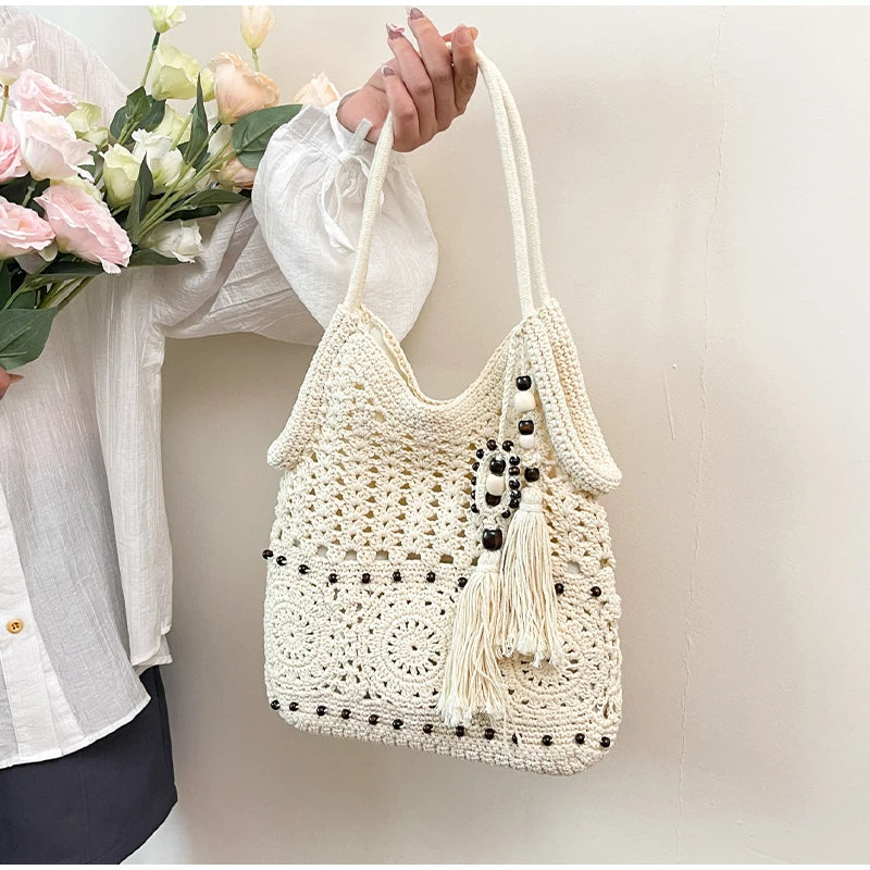 Hollow Crochet Women Bags Bohemian Large Capacity Handbags Korean Popular Bag New Tassel Cotton Shopping Bag Shoulder Bag Women