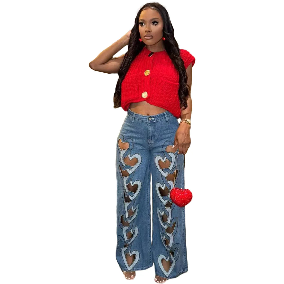 CM.YAYA Women Vintage Cutout Love Hollow Out Cross Straight Denim Pants 2025 Fall Fashion INS High Waist Wide Leg Jeans Trousers