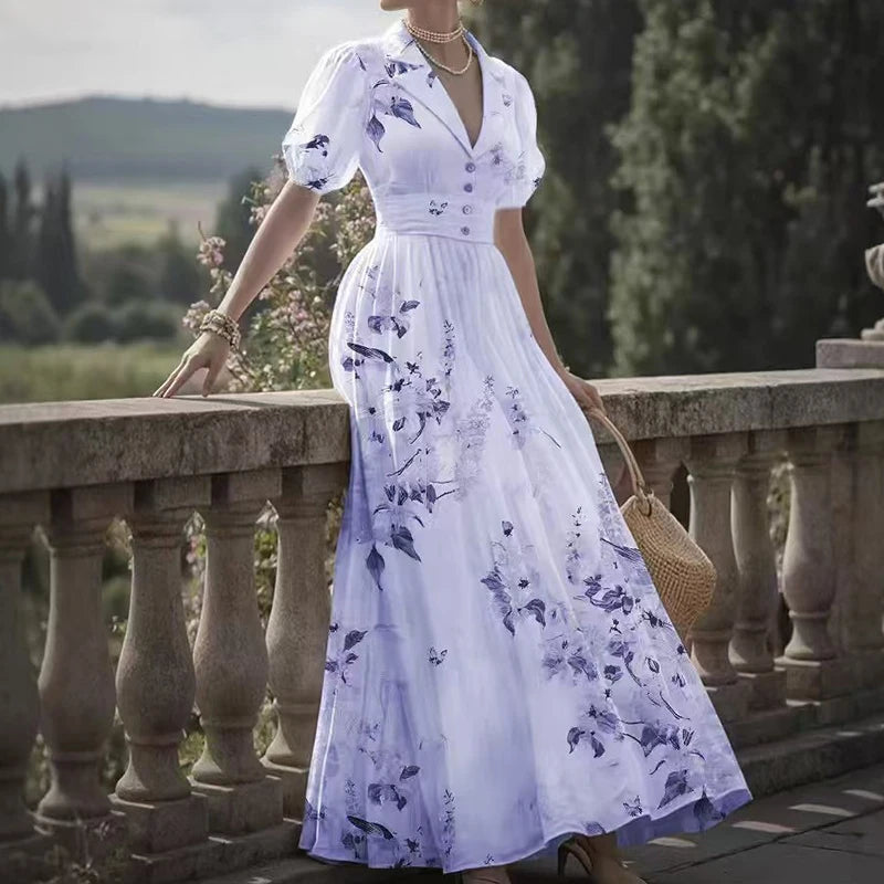 New Summer Puff Sleeve Pleated Women's Dress Casual Lapel Prom President Dresses Fashion Flower Print High Waist Holiday Dress