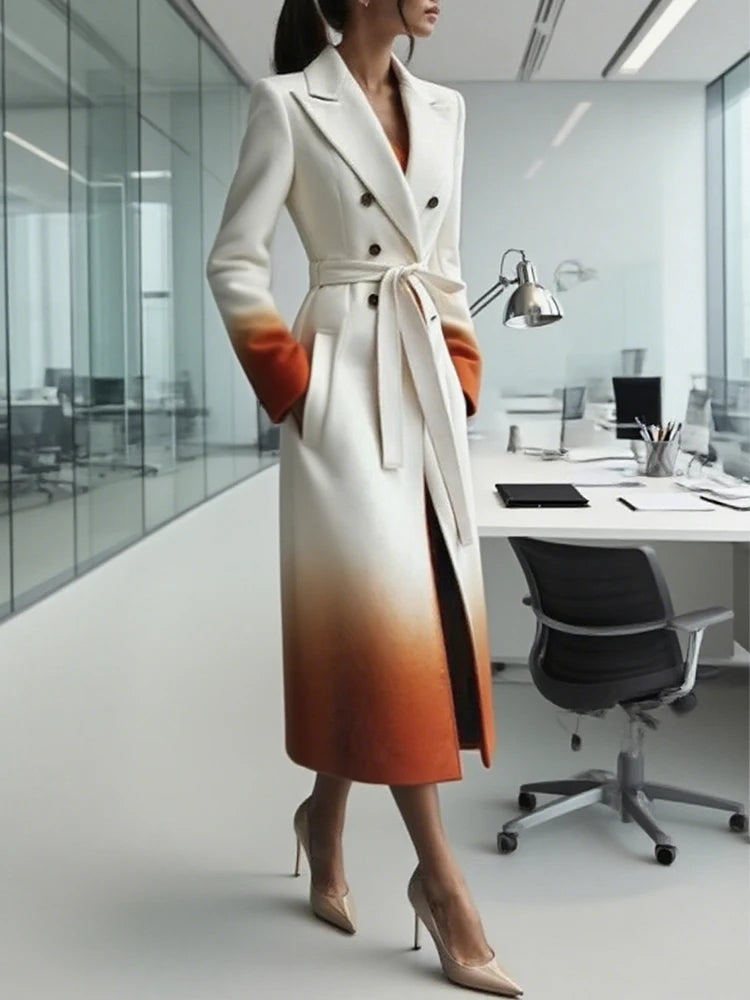 Beautyblue Fashion Women Gradient Outerwear Long Blazer Elegant Loose Tied Waist Buttoned A-Line Woolen Coat for Office Commute
