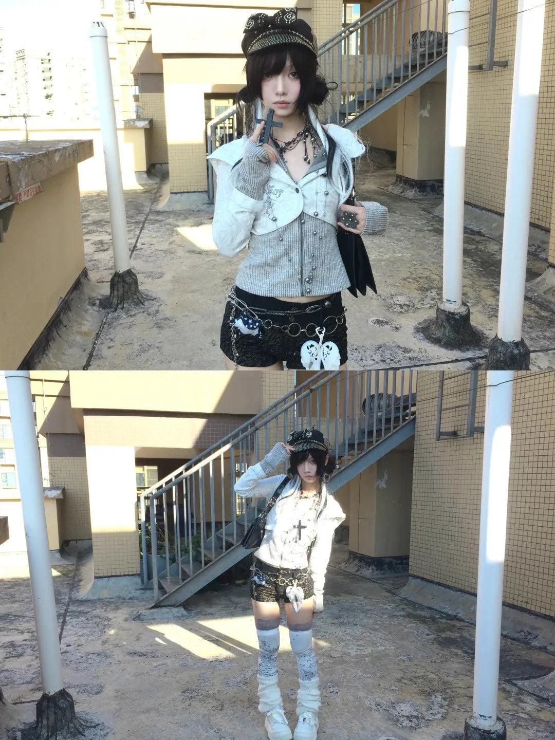 Karrram Japanese Y2k Fake Two-piece Knitted Tops Trashy 2000s Hooded Jacket Vintage Harajuku Knitwear Grunge Aesthetics American