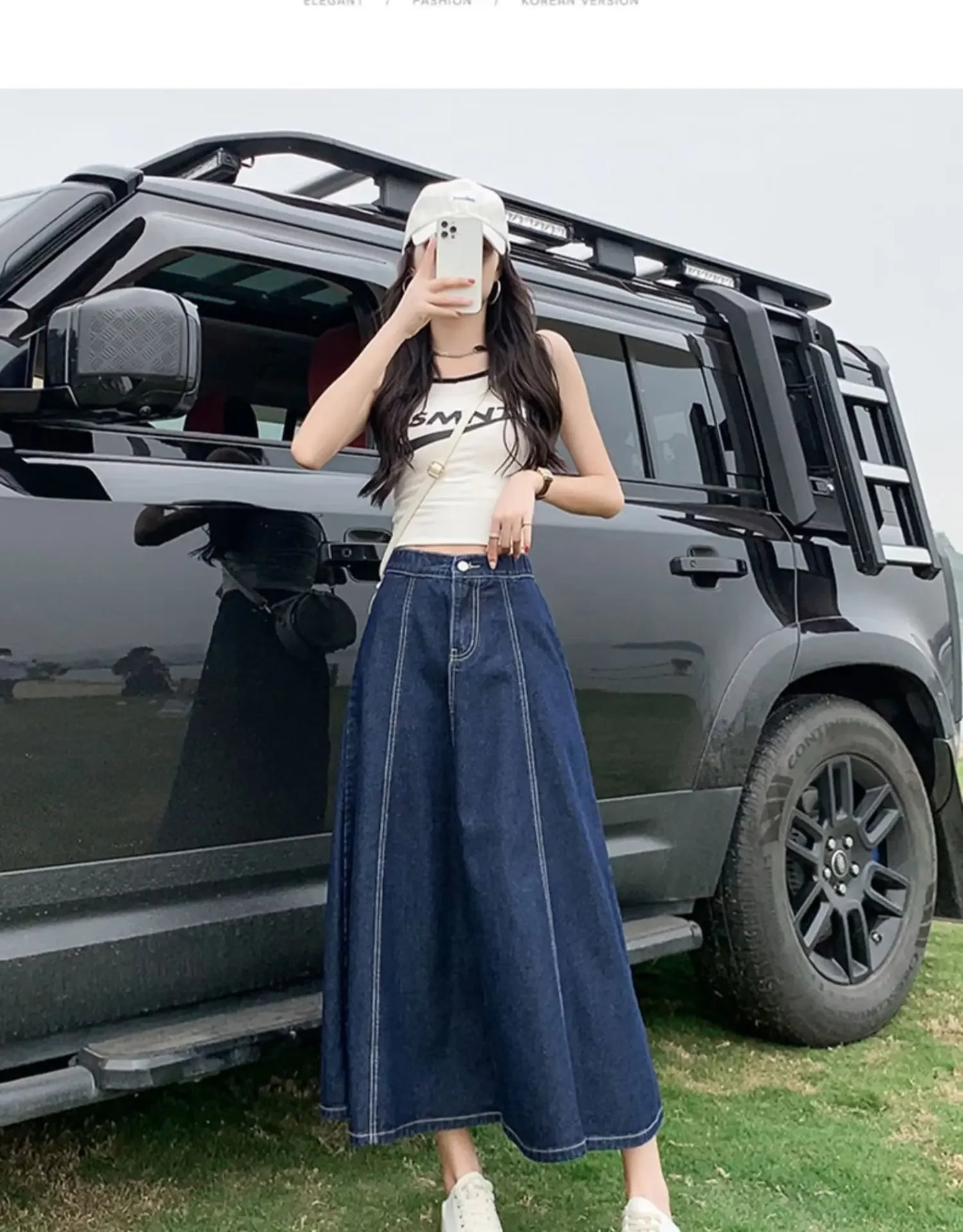 Fashionable Spring Medium-Length High-Waisted Jeans Long Dress Women's Elastic Waist A- Line Skirt Umbrella Skirt