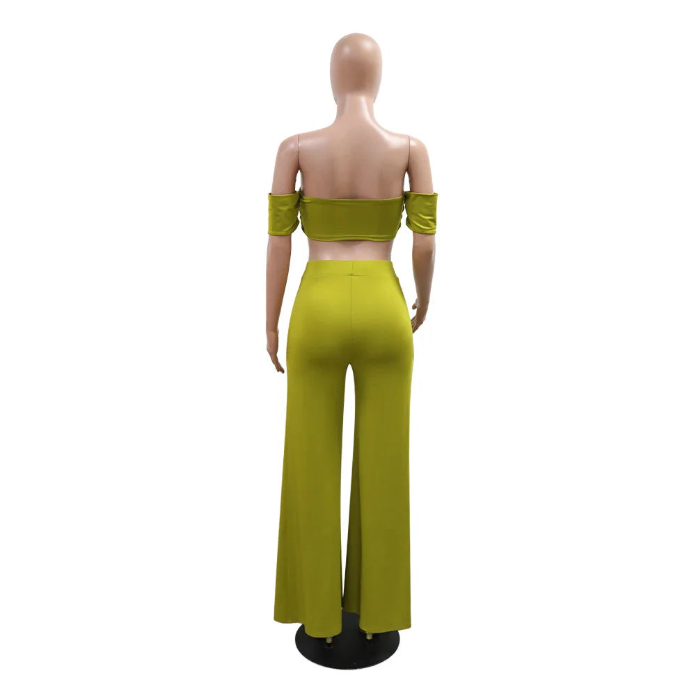 CM.YAYA Women's Set Short Sleeve Slash Neck Ruched Tops and Wide Leg split Pants 2024 Street Two 2 Piece Sets Outfit Tracksuits