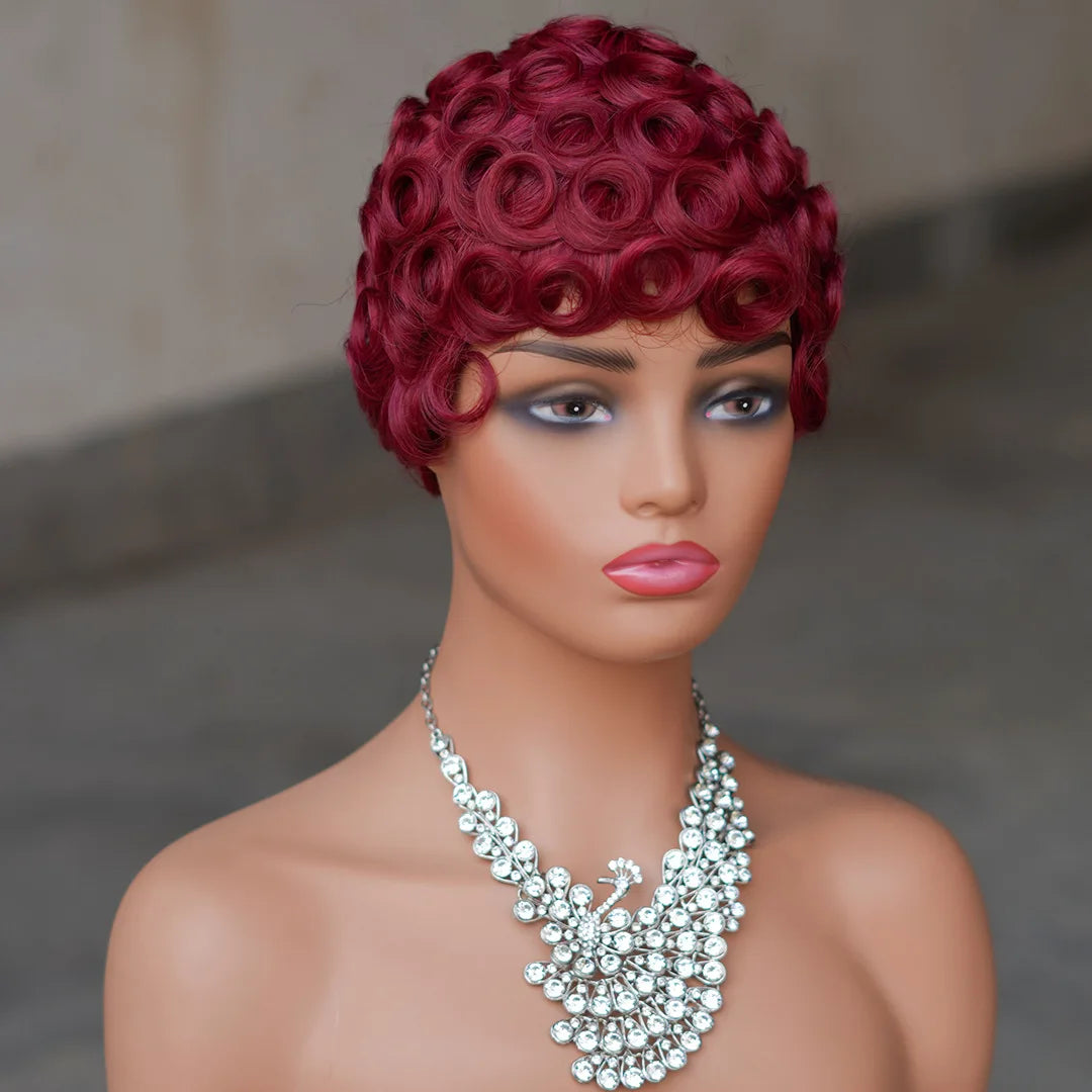 Premium Short Pixie Wig for Black Women 99J Brazilian Virgin Remy Hair Natural Small Curls Comfortable & Durable