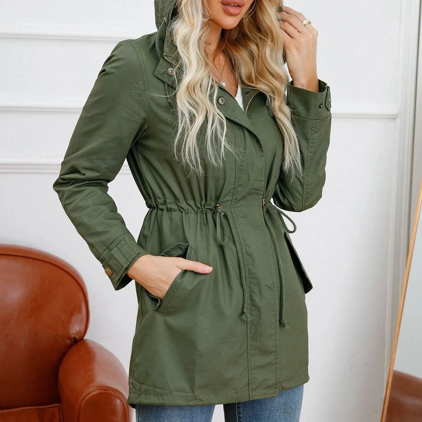 Women's Hooded Trench Coat Spring Autumn Fitted Solid Color Jacket for Daily Outdoor Camping Hiking