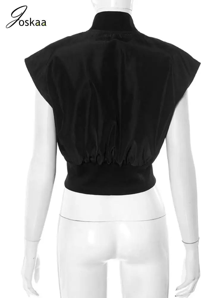 Joskaa Casual Black Cardigan Tops Women Hipster O-Neck Sleeveless Zipper Vests Jackets 2025 Summer Outerwear Y2K Streetwear