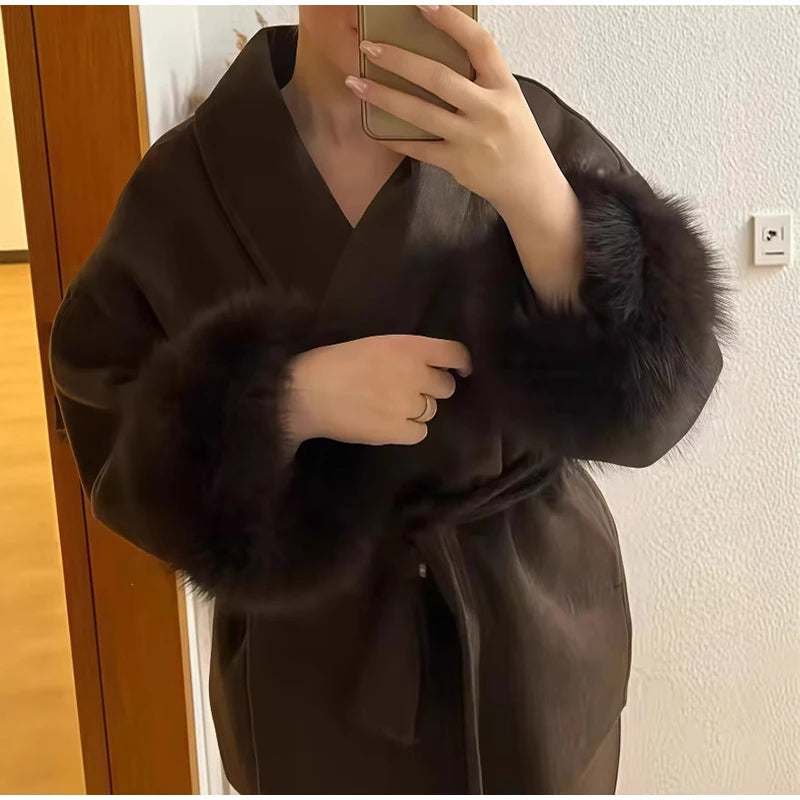 Plush Cuffs Belt Women 's Coats Elegant Lapel Faux Fur Sleeve Twist Open Coat Female 2025 Autumn Winter Fashion Lady Streetwears