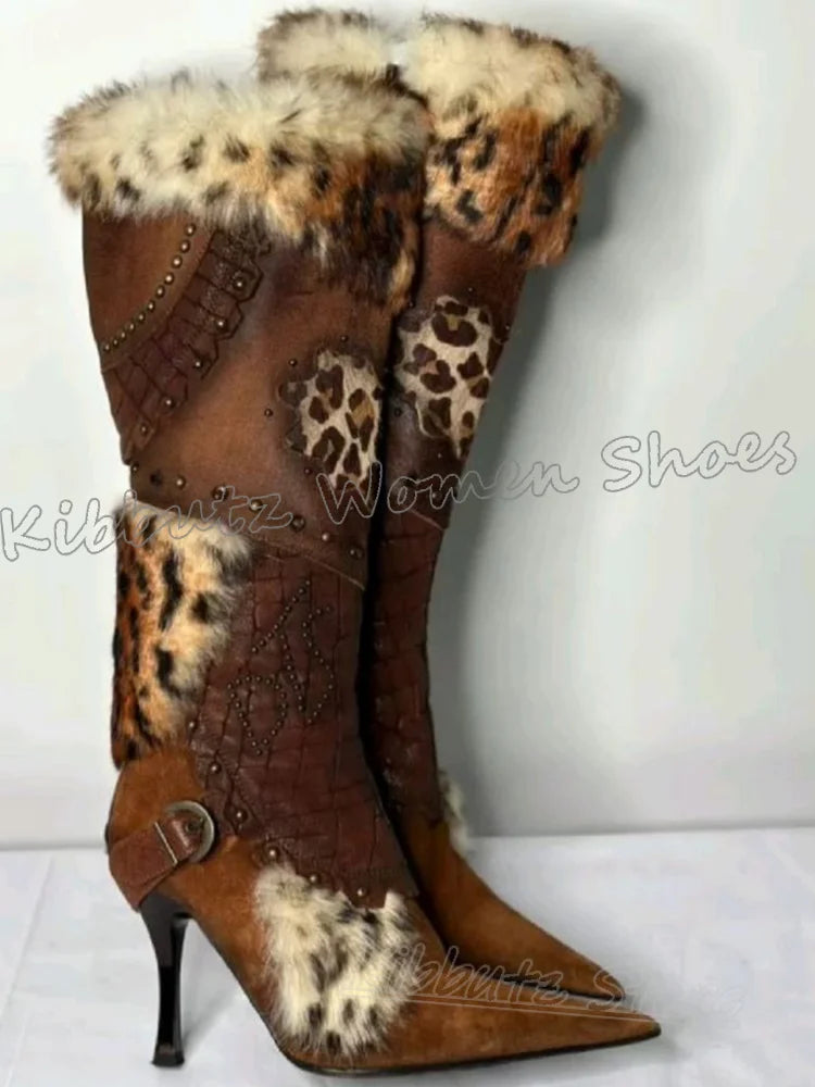 Knee High Boot Furry Patchwork Leather Belt Buckle Winter Warm Fashion Novelty Sexy Elegant Concise Pointy Thin Heels Shoes New