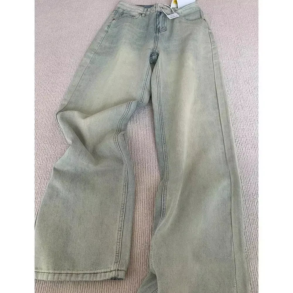 Y2K European and American Retro Washed Design Splicing Fake Two-piece Blue Jeans Women's Popular Loose Sexy Bell-bottom Pants