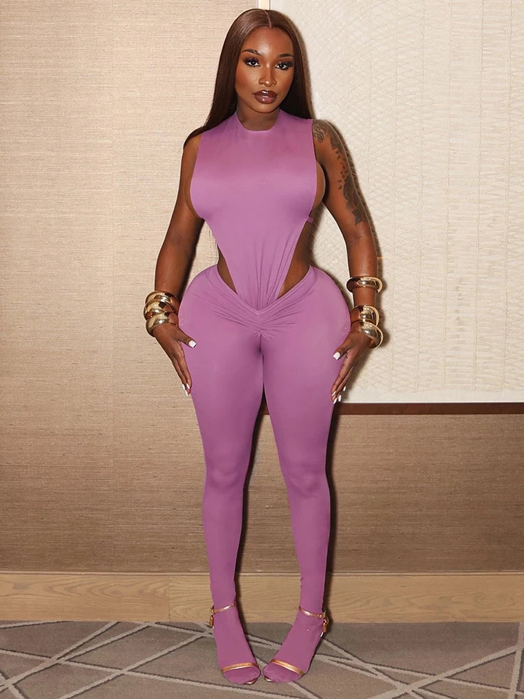 Weird Puss Sexy Women Tracksuit 2 Piece Set Sleeveless Side Split Bodysuit+Ruched Foot Leggings Matching Hipster Street Outfits