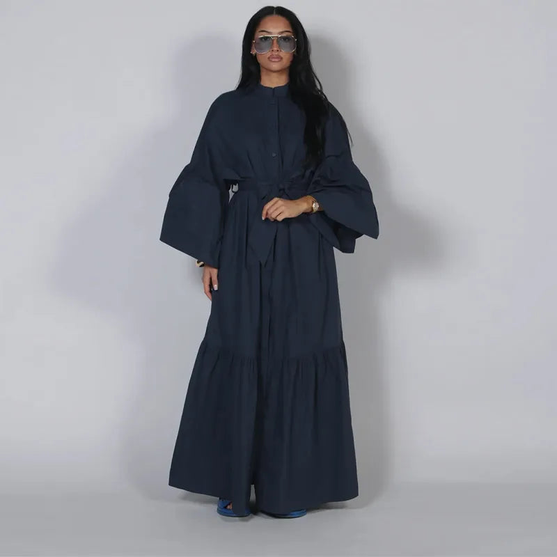 Casual Belted Long Lantern Sleeve Button Dress for Women