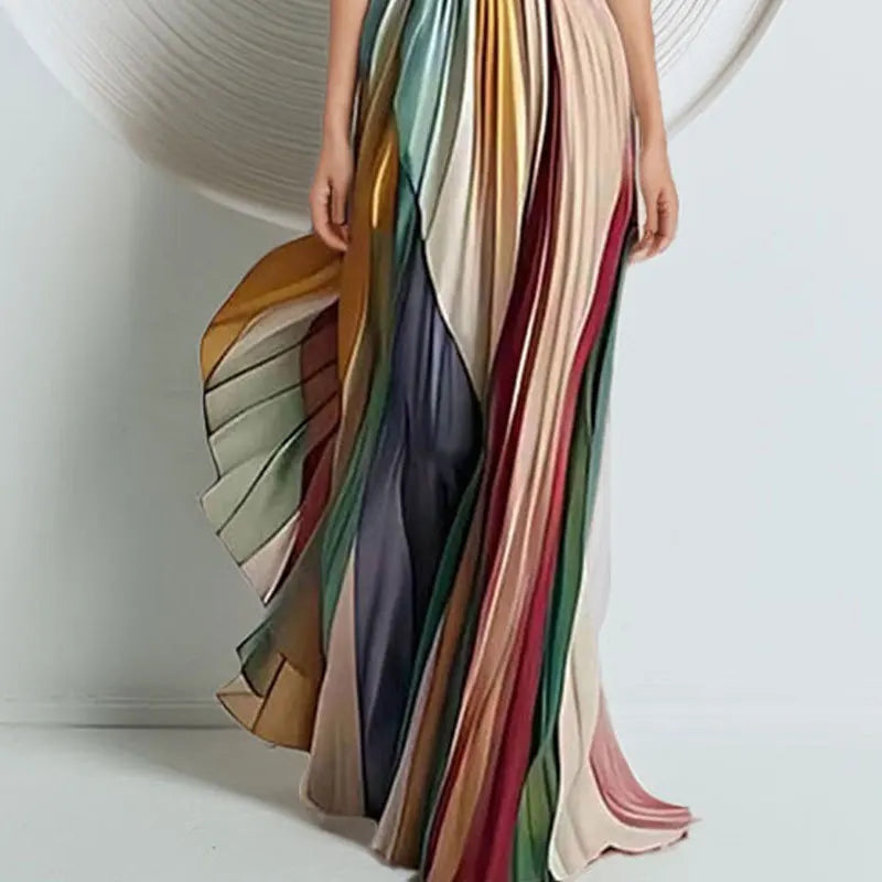 Elegant Sexy Off Shoulder Tube Tops Colorful Stripes Maxi Dress Women Sleeveless Color Collision Wrinkles Irregular Party Dress