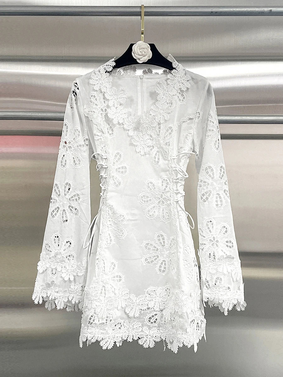 VGH Solid Elegant Spliced Appliques Hollow Dresses for Women V Neck Flare Sleeveless High Waist Temperament Short Dress Female