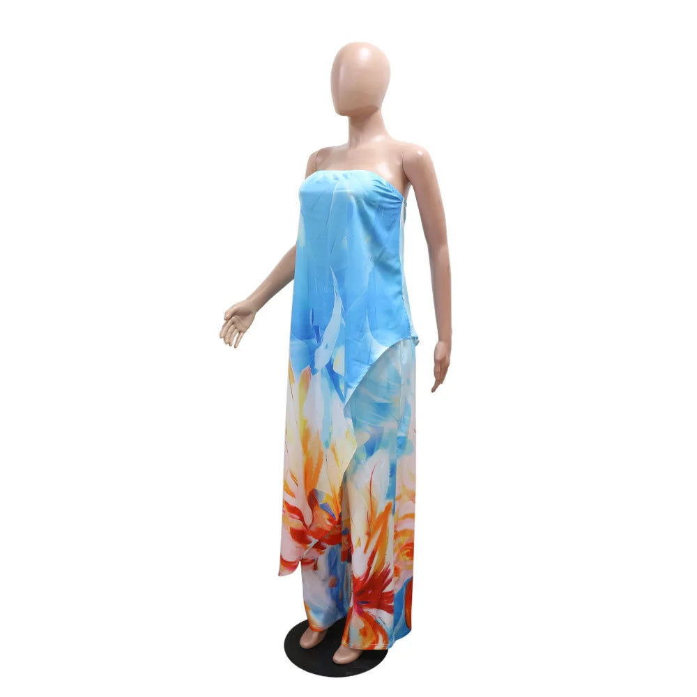 CM.YAYA Beach Holiday Print Women's Set Strapless High Low Blouse Top and Pants Suit 2025 Street Summer Two 2 Piece Sets Outfit