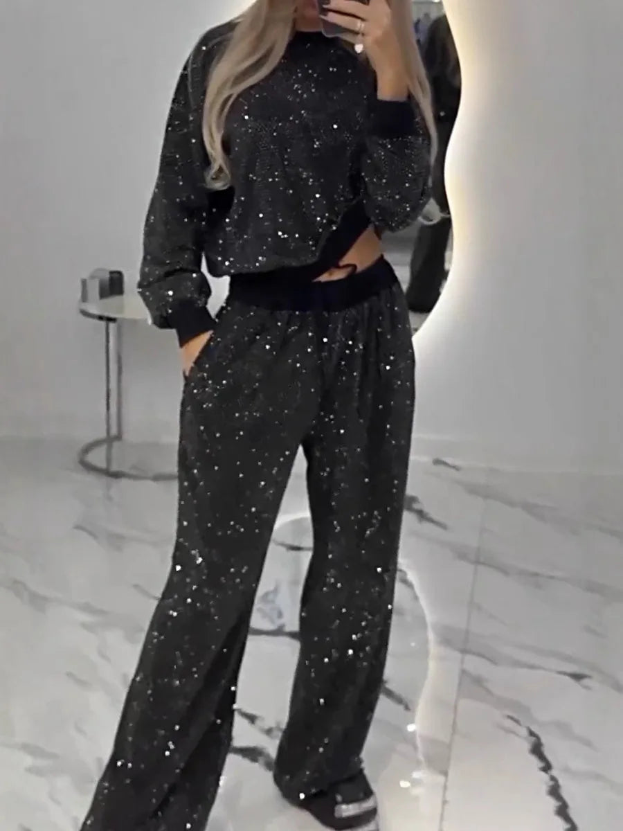 Elegant Sequin Lace Up Two Piece Pants Set for Women